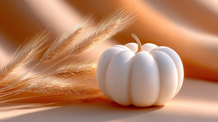 Minimalist white pumpkin with golden wheat stalks on warm autumn background with copy space.の素材