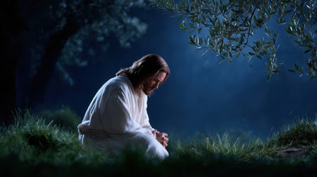 Jesus Christ kneeling in prayer at night in the Garden of Gethsemaneの素材