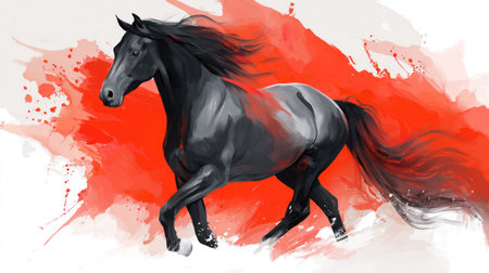 Dramatic black horse with flowing mane against vibrant red circular background in artistic watercolor painting style.の素材