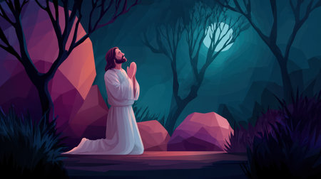 Jesus Christ kneeling in prayer at night in the Garden of Gethsemaneの素材