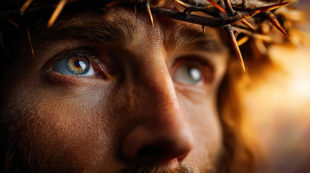 Extreme close-up of Jesus Christ's face with piercing eyes wearing crown of thorns surrounded by golden clouds.の素材