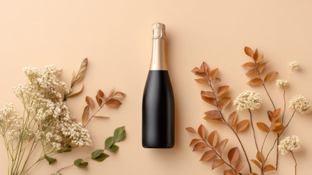A sleek black matte champagne bottle with gold accents stands in a minimalist flat-lay on a soft beige background, encircled by dried white gypsophila clusters, orange-brown autumn leaves, and fresh green foliage, capturing the warm essence of fall harvest celebrations.の素材
