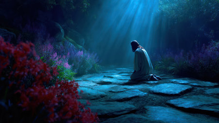 Jesus Christ kneeling in prayer at night in the Garden of Gethsemaneの素材