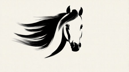 Traditional Chinese ink brush painting style galloping horse in bold black strokes on white background.の素材