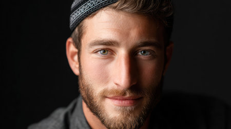 Close-up portrait of smiling young Jewish man, beard, and kippah in natural light.の素材