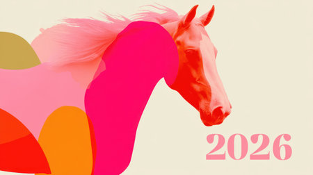 Elegant white Arabian horse portrait against vibrant multicolored abstract background celebrating 2026 Year of the Horse.の素材