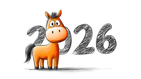 Cute horse illustration with 2026 numbers representing Year of the Horse.の素材