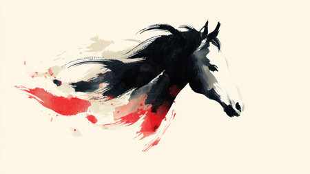 Vibrant abstract illustration of a black horse head in watercolor style, featuring dramatic red splashes and gray tones for a modern artistic expression.の素材