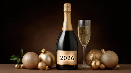 Elegant champagne bottle labeled 2026 with filled flutes and golden Christmas ornaments on dark background.の素材