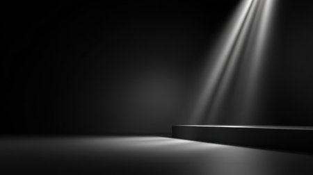 A stark minimalist interior featuring dark gray walls with a dramatic diagonal beam of natural light creating geometric shadows on the floor.の素材