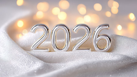 Polished silver metallic 2026 numbers on frosty white surface with warm golden bokeh lights.の素材