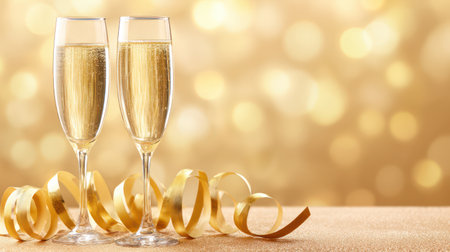 Elegant champagne flutes filled with sparkling wine surrounded by curled gold ribbon and glitter confetti against warm bokeh background.の素材