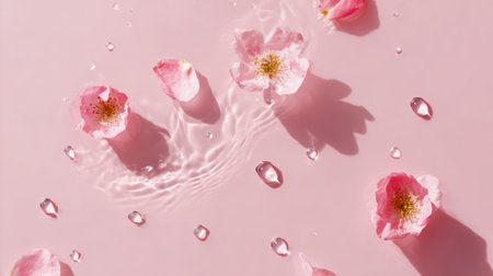 Delicate pink cherry blossom flowers floating on water surface with crystal clear droplets against soft pink background.の素材