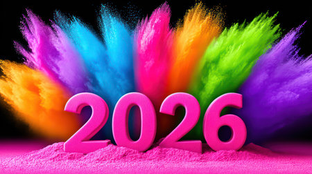 Three-dimensional textured 2026 numerals in orange, pink, cyan, and purple with rainbow powder explosion background.の素材