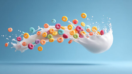 Golden cereal rings floating and splashing in white milk against a vibrant rainbow-colored gradient background.の素材