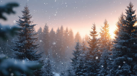 Snow-covered pine trees glow in a golden sunset with falling snowflakes and bokeh effects.の素材
