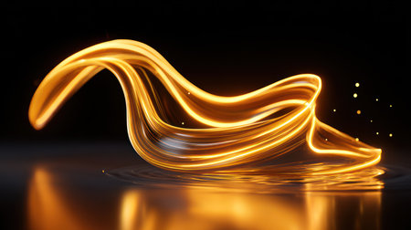 Flowing golden and white light trails creating dynamic wave patterns with motion blur on black background.の素材