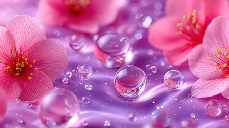 Crystal-clear water droplets hover above purple liquid surface with soft pink cherry blossoms in the background.の素材