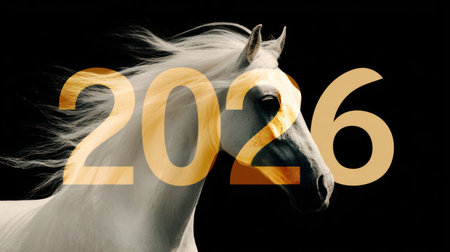 Majestic horse portrait with bold 2026 numbers on dramatic black background for Year of the Horse.の素材