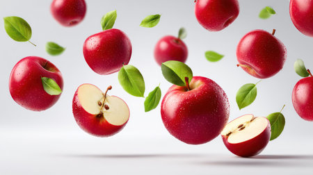 Red apples and apple slices floating with green leaves against a gray background.の素材