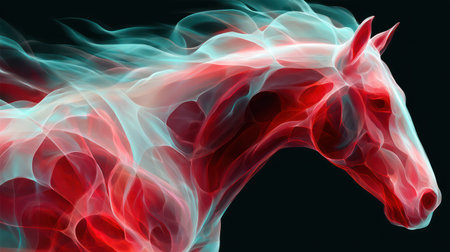 A stunning digital artwork of a horse silhouette made entirely of bright orange and yellow flames with flowing fiery mane against a black background.の素材