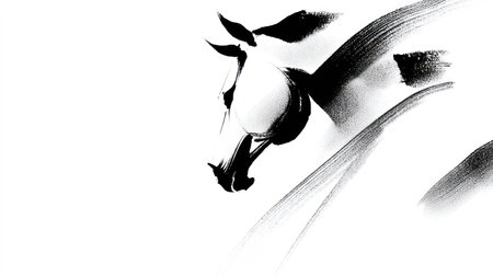 Traditional Chinese ink brush painting style galloping horse in bold black strokes on white background.の素材