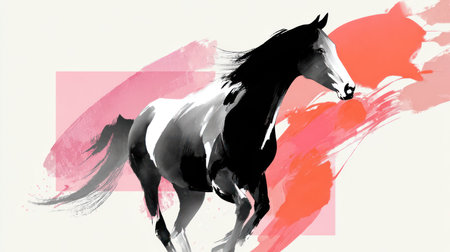 Modern abstract horse illustration with vibrant orange, red, pink brush strokes on neutral background.の素材