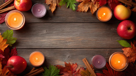 Colorful autumn harvest frame with apples, cranberries, orange slices, pumpkin, and cinnamon sticks on rustic wooden background with copy space.の素材