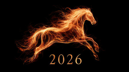 Magnificent golden fire horse with flowing flames and 2026 numbers celebrating Chinese Year of the Horse.の素材