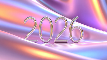 Glossy 3D Chrome 2026 Numbers On Holographic Gradient Purple Background. A.I.の素材