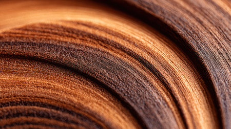 A macro shot captures the intricate, flowing grain patterns of a weathered brown wooden surface in warm, earthy hues, highlighting natural textures for design and decor inspiration.の素材