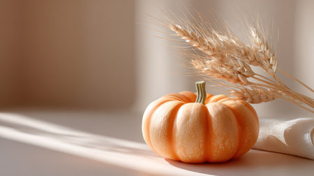 Pumpkin Wheat Autumn Thanksgiving Background Minimalist Copy Space. A.I.の素材