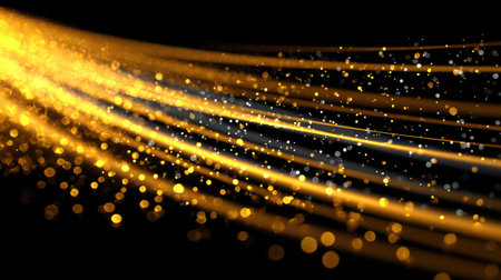 Radiant golden light rays cascade diagonally across a dark background, filled with glittering bokeh particles for a luxurious and festive abstract effect.の素材