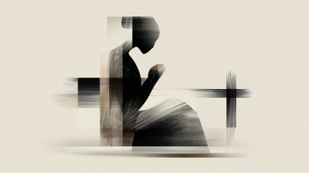 An abstract, brushstroke-style silhouette of a person in prayer is depicted beside a dark cross against a neutral background.の素材