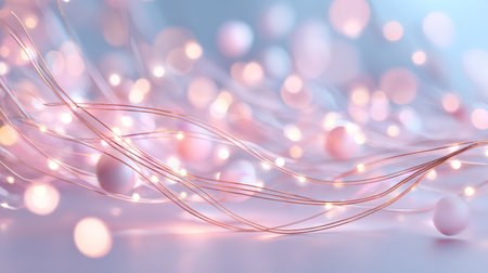 Abstract flowing golden waves with purple pink gradient glitter texture and soft bokeh lights creating elegant background.の素材