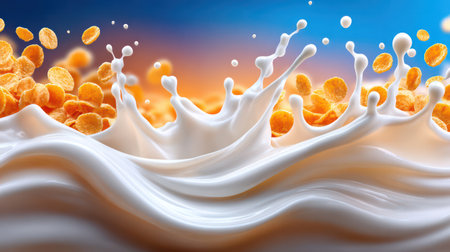Multiple golden cereal rings suspended in a dramatic white milk splashの素材