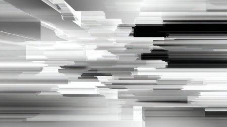 A modern architectural interior is deconstructed into horizontal white and black glitch lines, creating a digital, abstract aesthetic.の素材