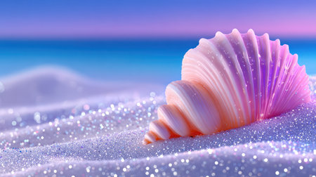 A delicate pink seashell rests on a bed of sparkling purple and pink glitter under a dreamy pastel sky.の素材