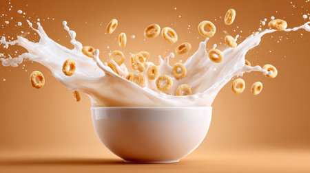 A white ceramic bowl with milk splashing upward while golden cereal rings float dynamically in the air.の素材