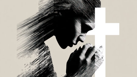 An abstract, brushstroke-style silhouette of a person in prayer is depicted beside a dark cross against a neutral background.の素材