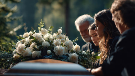 A solemn outdoor funeral scene features a wooden casket adorned with a large arrangement of white chrysanthemums and roses, with mourners blurred in the background.の素材