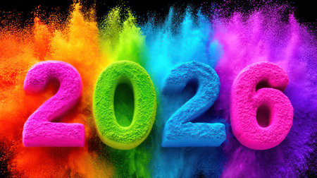 Three-dimensional textured 2026 numerals in orange, pink, cyan, and purple with rainbow powder explosion background.の素材