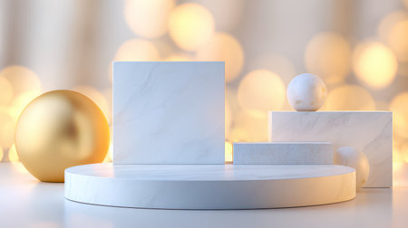A 3D-rendered eco-friendly product display podium with golden accents, marble textures, and natural leaves for sustainable brand presentations.の素材