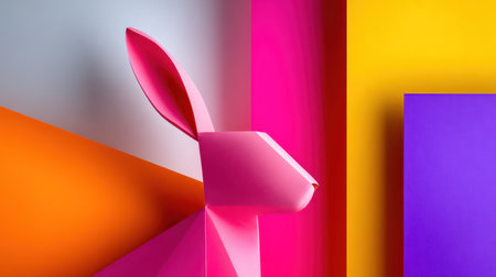 Bold, minimalist paper cutout of a rabbit head set against a vibrant, geometric background of contrasting colors.の素材