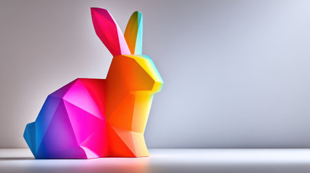 Striking, colorful, polygonal rabbit sculpture with a geometric design, perfect for modern Easter and spring promotions.の素材