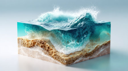 Highly conceptual and surreal cross-section view of a sandy beach and powerful ocean wave contained within a cube, representing environmental concepts.の素材