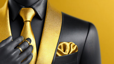A close-up of a sophisticated black suit accessorized with a shimmering golden tie and matching pocket squareの素材