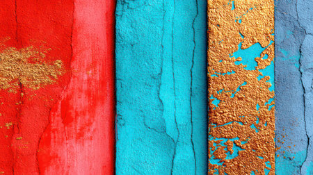 Vibrant vertical stripes in red, pink, turquoise, gold, and blue with cracked textured paint creating abstract colorful background.の素材