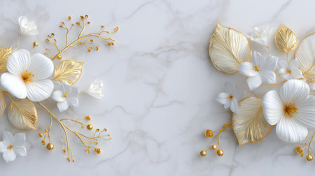 An elegant arrangement of large white flowers with golden veins and glittering accents set against a luxurious white marble background.の素材