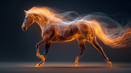 Spectacular running horse made entirely of fire and flames in dramatic digital fantasy art style.の素材